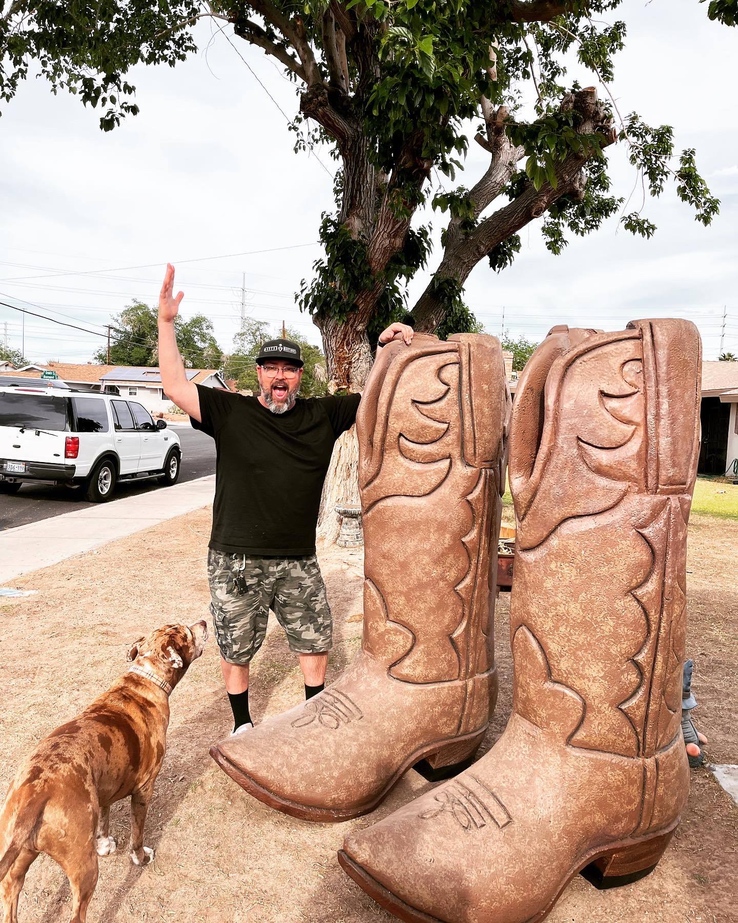 Giant fiberglass cowboy boots sculpture 6 feet tall Americana folk art collectible Las Vegas