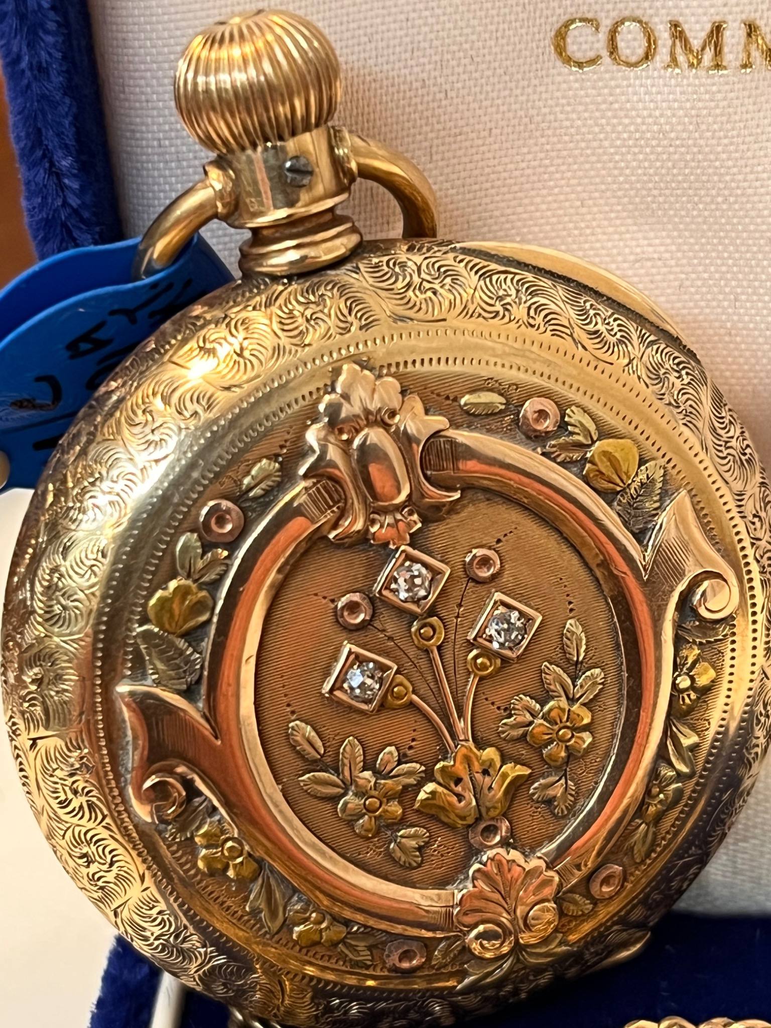 Antique Hampden gold pocket watch diamonds Victorian engraving opal chain Las Vegas jewelry buyer